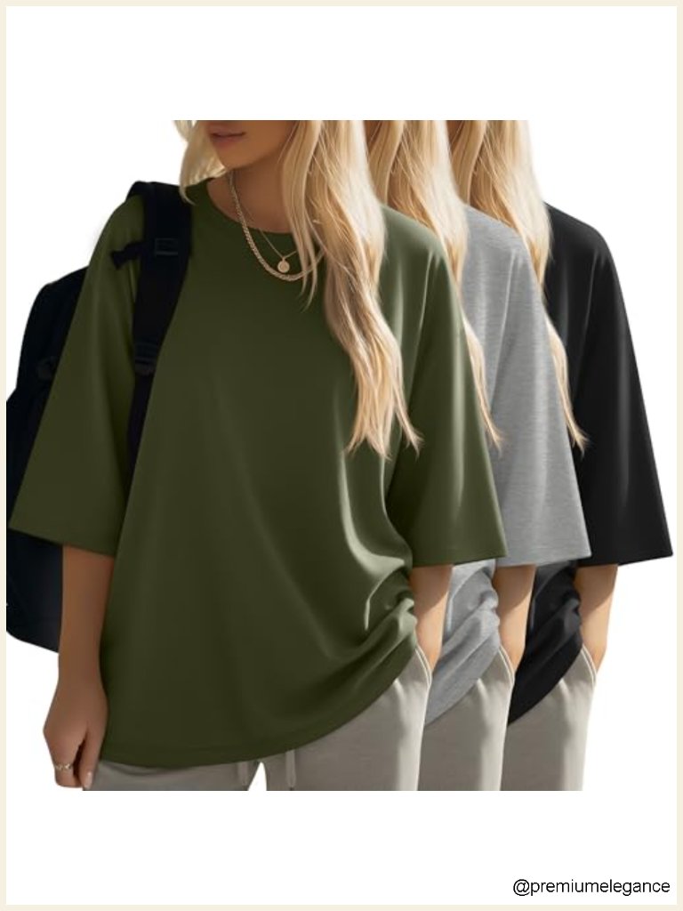 3 Pack Women Oversized T-Shirts Elbow Length 3/4 Sleeve Crewneck Cotton Boxy